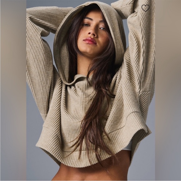 ALO Yoga Tops - Alo Muse Ribbed Cropped Hoodie Gravel Tan Medium
